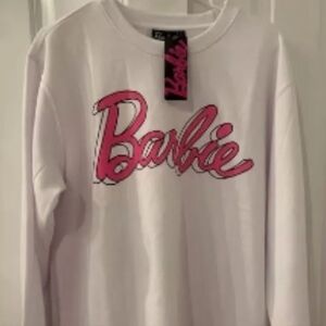 Barbie Sweater Womens Large White Pink Crew Neck Long Sleeves Pullover Medium